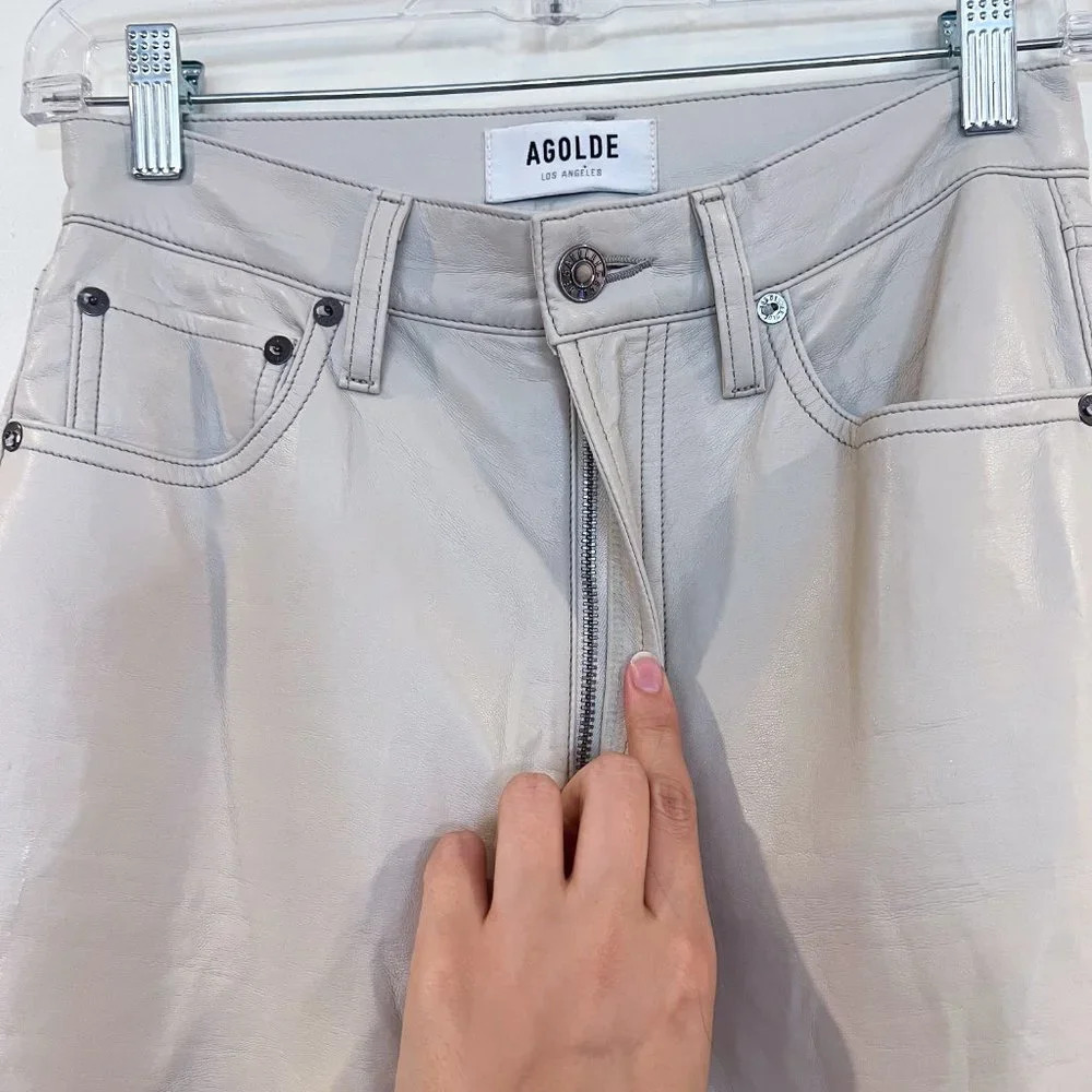 Agolde 90s Pinch Waist Cream Recycled Leather High Waist Straight Leg Pants 24 - Picture 6 of 13